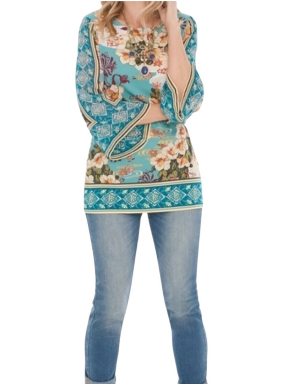Chico’s Floral Boho Blouse Size 2 (Large) Bell Sleeves Scoop Neck Officewear